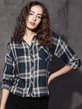 FAZI SAMPS ARTICLE #6732 Women Navy Blue & Off-White Relaxed Regular Fit Checked Casual Shirt
